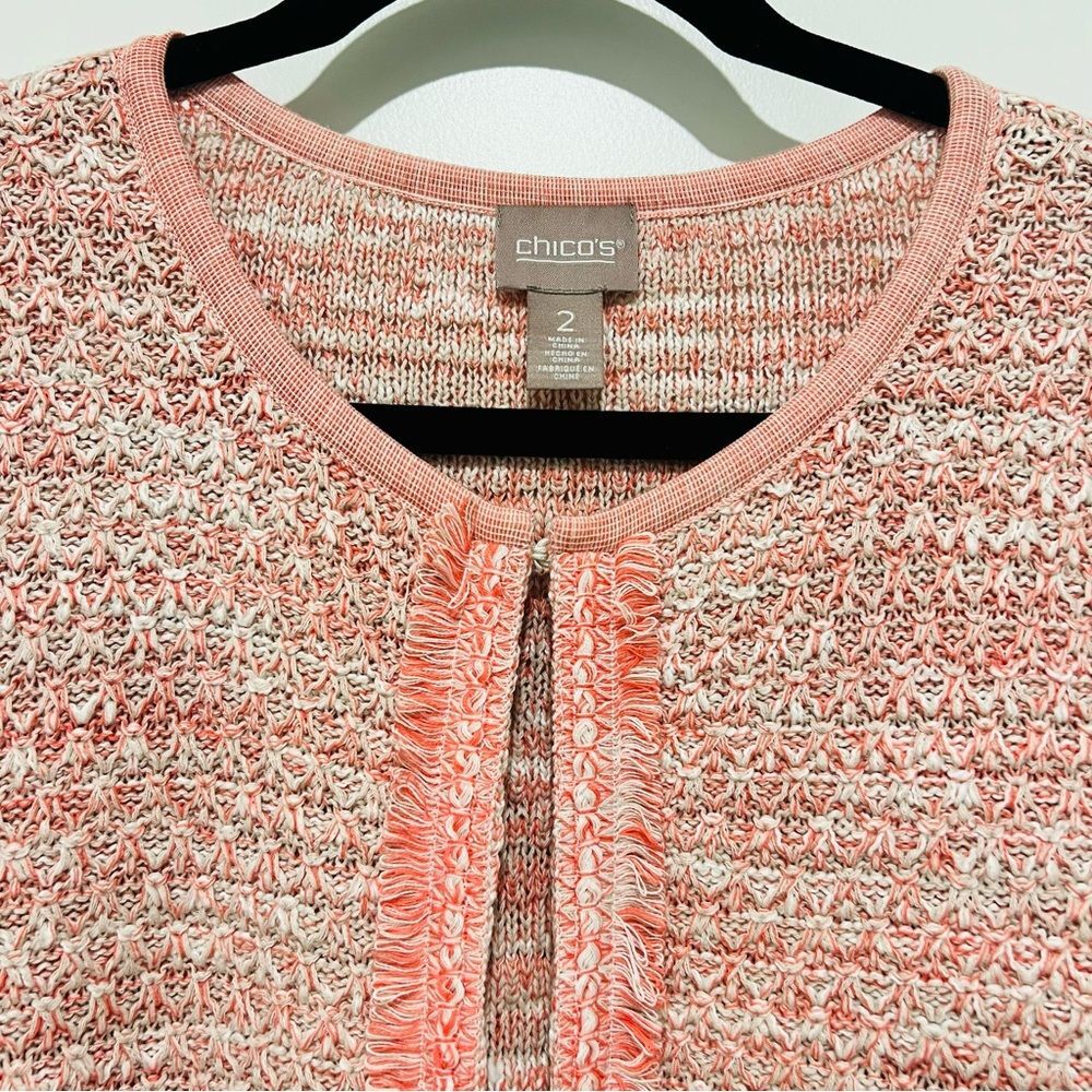 Chico’s Women’s Fringe Trim Pocket Cardigan in Pretty Pink Sz 2 (US L/12-14) NWT - Picture 5 of 14